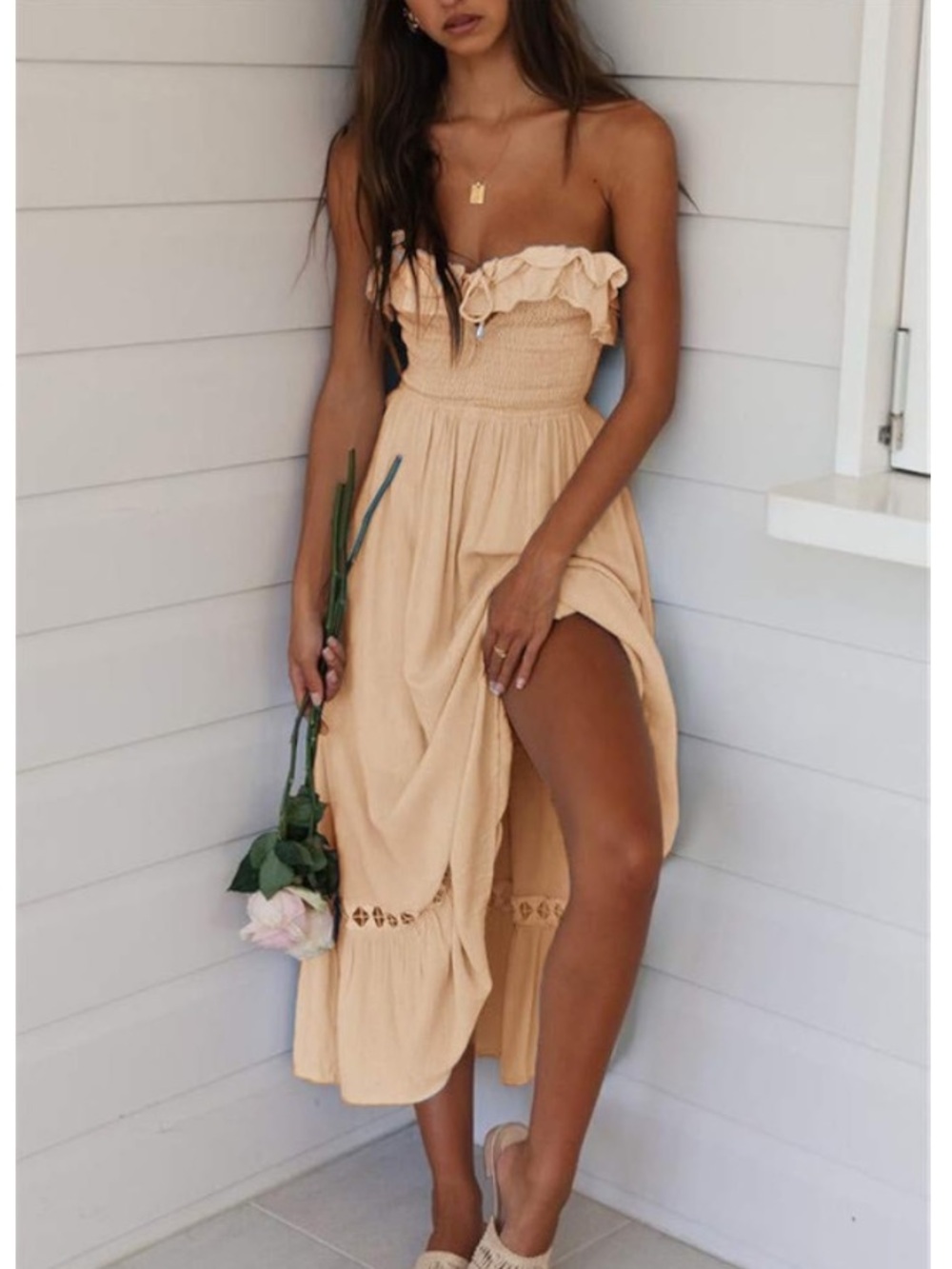 NWT SAUKOLE Women's Strapless Ruffle Off The Shoulder maxi dress, Size Large